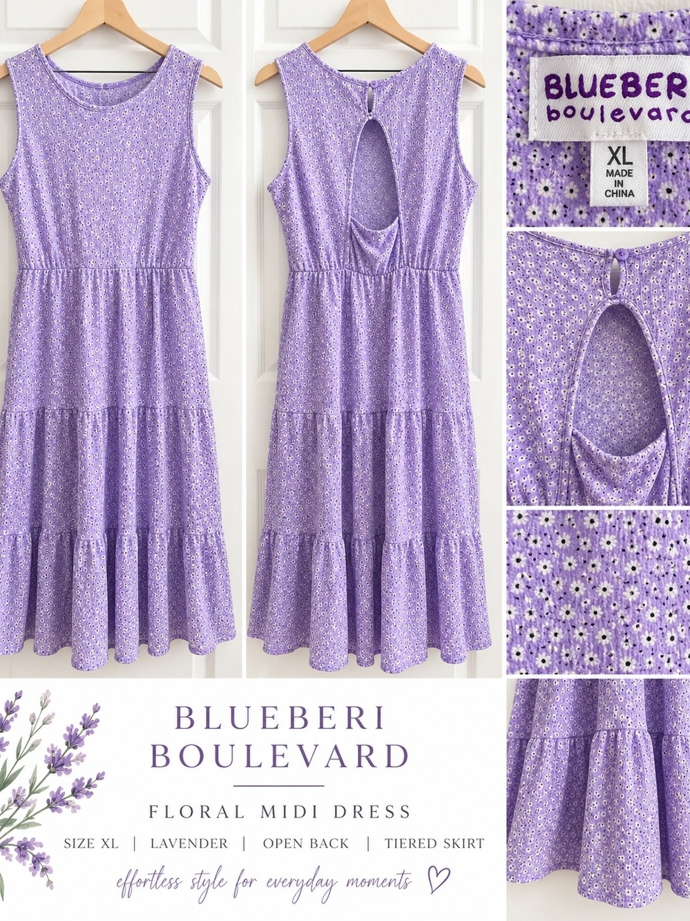 Blueberi Boulevard Lavender Floral Tiered Open-Back Midi Dress